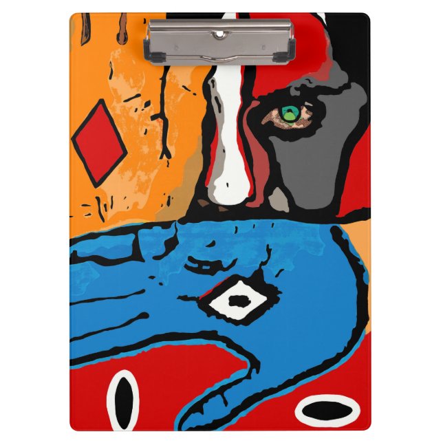 cara e mãos na prancheta azul e alaranjada (Frente)