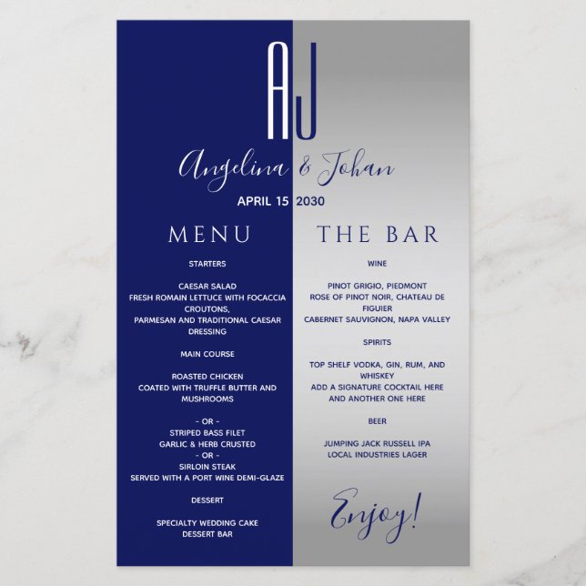 Cardápio de Bar de Casamento Azul Naval Elegante (Frente)