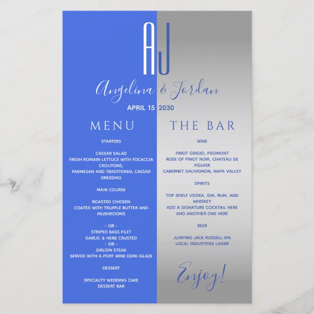 Cardápio de Bar de Casamento Azul Real (Frente)