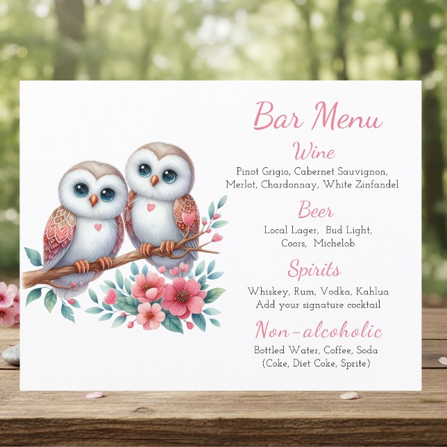Cardápio de Bar de Casamento Rústico Boho Coruja B (Criador carregado)