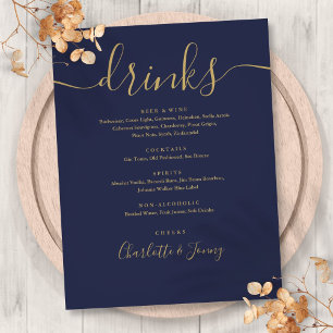 Cardápio de Bebidas de Casamento Azul Marinho Dour