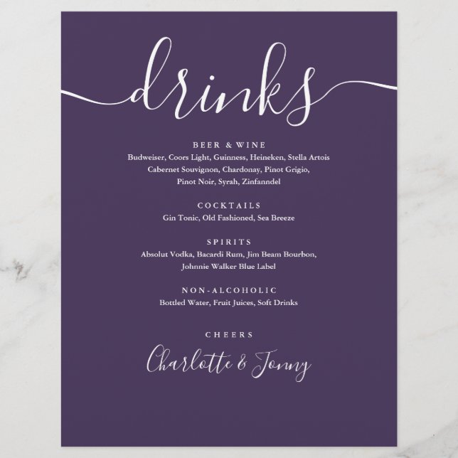 Cardápio de Bebidas de Casamento em Letra Moderna  (Frente)