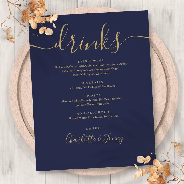 Cardápio de Bebidas de Casamento Moderno em Azul N (Navy Blue Gold Modern Script Wedding Drinks Menu Flyer)