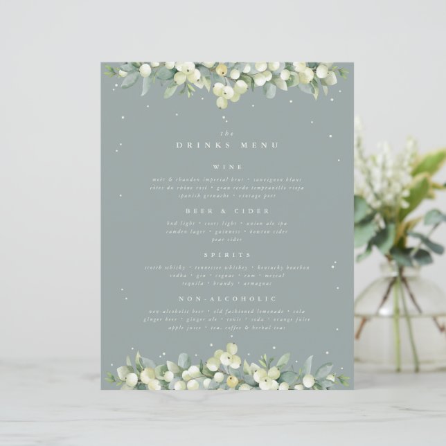 Cardápio de Bebidas de Casamento Seafoam Snowberry (Em pé/Frente)