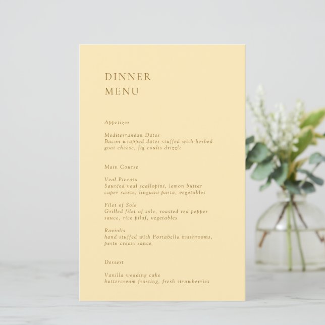 Cardápio de Casamento Amarelo Manteiga Minimalista (Em pé/Frente)