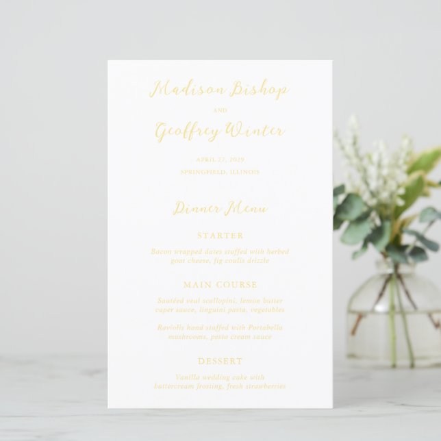 Cardápio de Casamento Amarelo Manteiga Script Negr (Em pé/Frente)