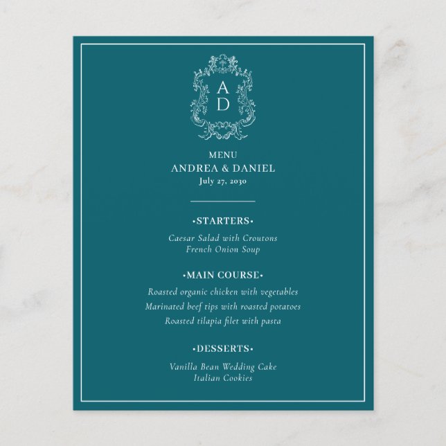 Cardápio de Casamento Azul Elegante Vintage (Frente)
