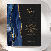 Cardápio de Casamento Azul Escuro com Ágata Dourad