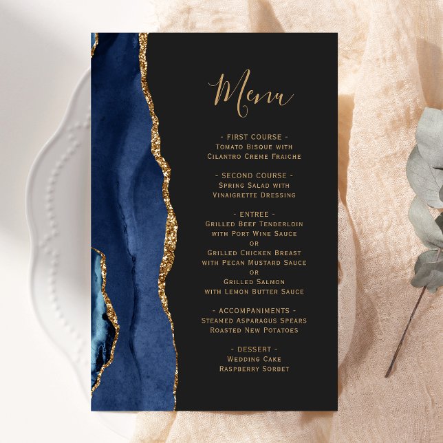 Cardápio de Casamento Azul Escuro com Ágata Dourad (Criador carregado)