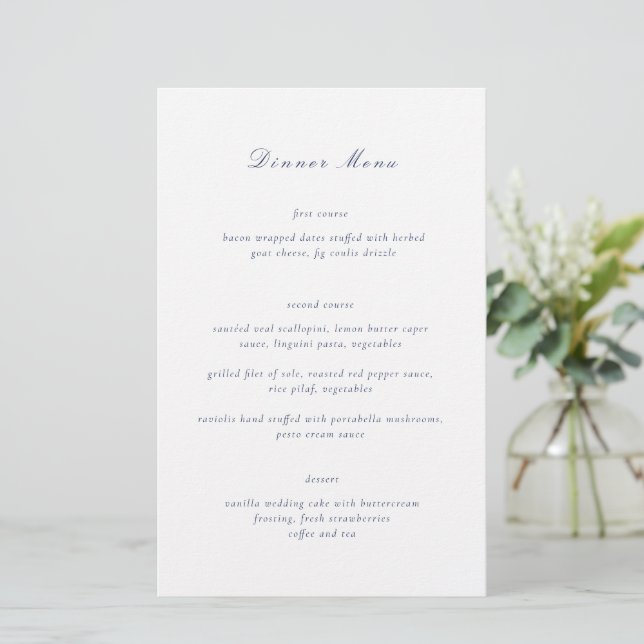 Cardápio de Casamento Azul Marinho Elegante (Em pé/Frente)