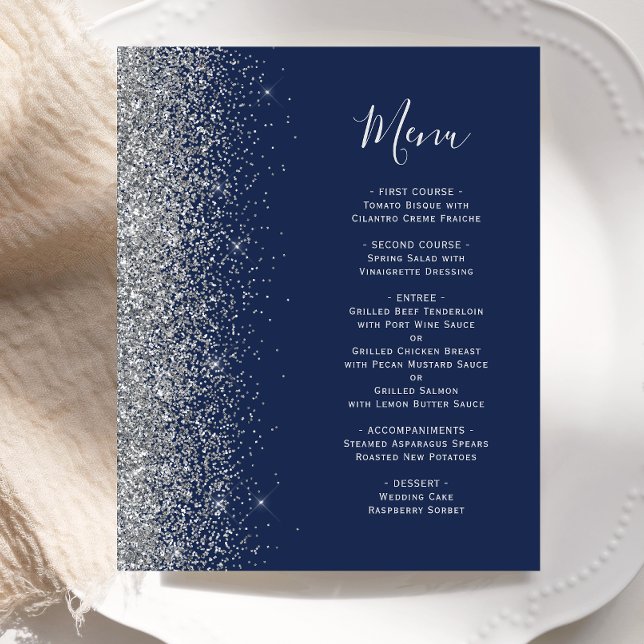 Cardápio de Casamento Azul Naval com Borda de Bril (Criador carregado)