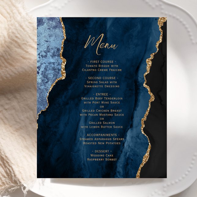 Cardápio de Casamento Azul Navy Ágata Dourada Orça (Criador carregado)