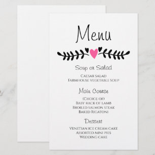 Cardápio de Casamento Boho Pink Hearts Preto Branc
