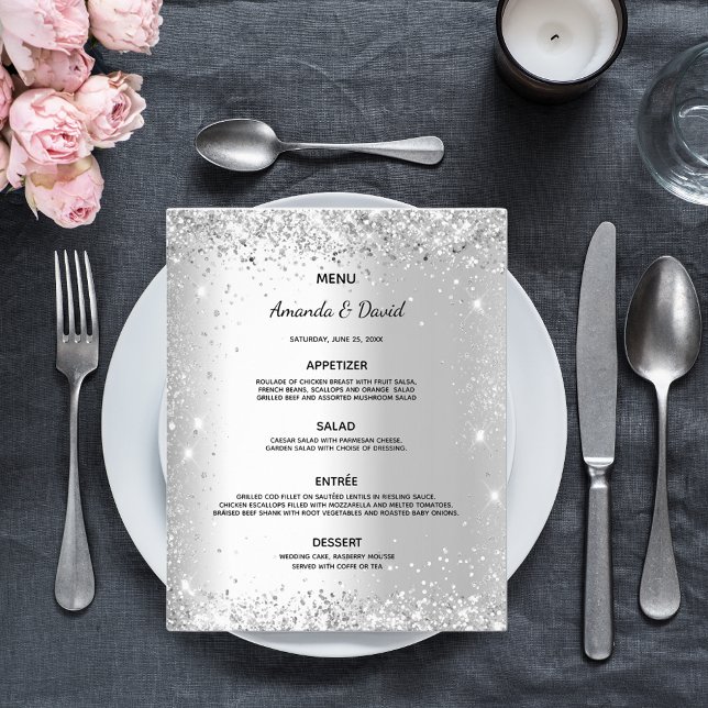 Cardápio de casamento brilho de glitter prateado o (Criador carregado)