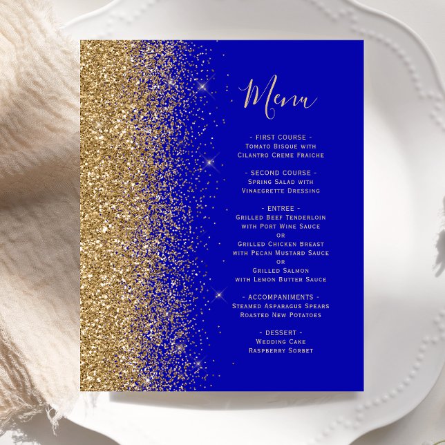 Cardápio de Casamento Brilho Dourado Azul Real Orç (Criador carregado)
