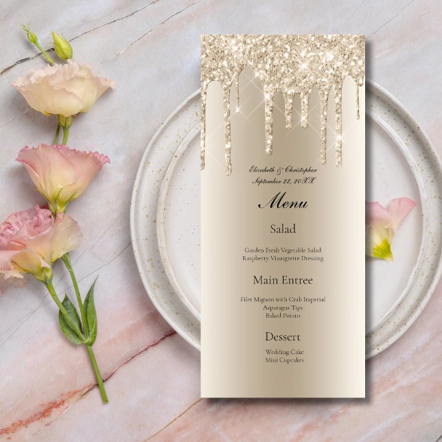 Cardápio de Casamento Brilho Glamour Champagne Rel (Champagne Dripping Glitter Wedding Menu)