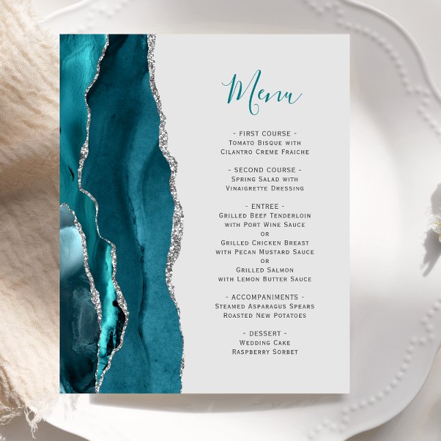 Cardápio de Casamento Cinza Ágata Verde Teal Econô (Criador carregado)