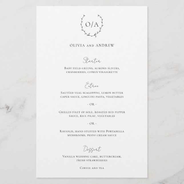Cardápio de Casamento Clássico com Coroa de Monogr (Frente)