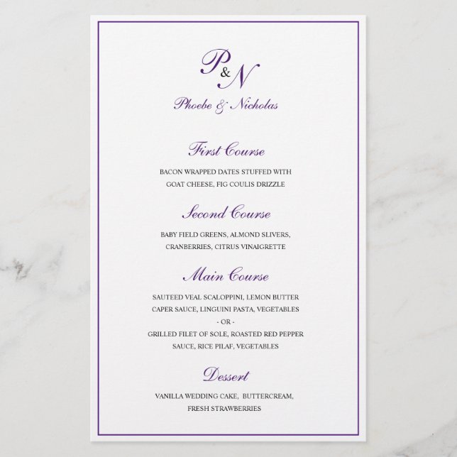 Cardápio de Casamento Clássico Elegante Roxo Real (Frente)