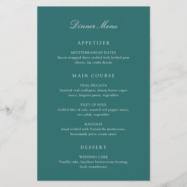 Cardápio de Casamento Clássico em Verde Teal de Di (Frente)
