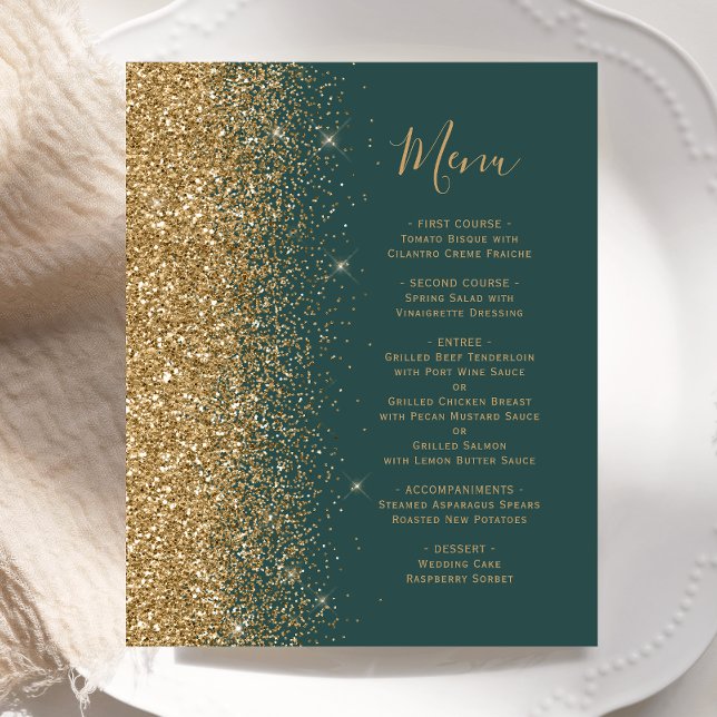 Cardápio de Casamento com Brilho Dourado Verde Esc (Criador carregado)