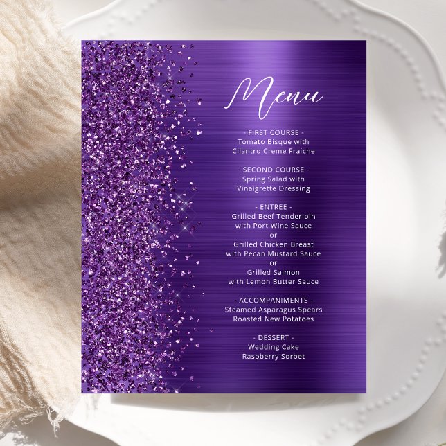 Cardápio de Casamento com Brilho Roxo Glam Budget (Criador carregado)