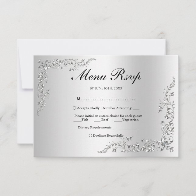 Cardápio de Casamento com Decoração Prateada RSVP (Frente)