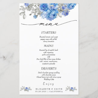 Cardápio de casamento com floral em aquarela azul 