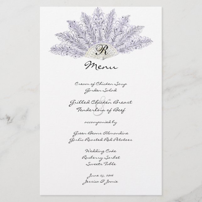 Cardápio de Casamento com Leque de Plumas Lilás Vi (Frente)