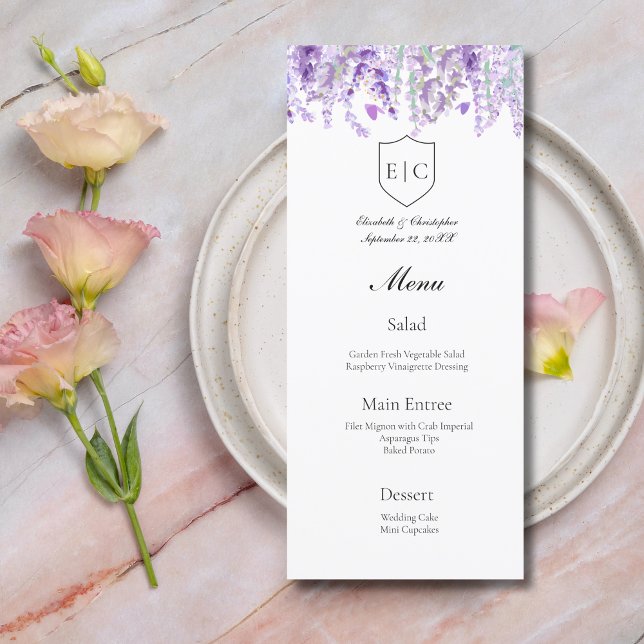 Cardápio de Casamento com Monograma Botânico de La (Lavender Floral Botanical Wedding Menu Monogram Crest)