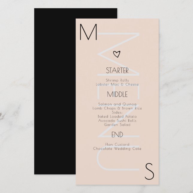 Cardápio de Casamento com Monograma no Coração (Frente/Verso)