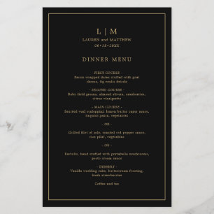 Cardápio de Casamento com Monograma Preto e Dourad