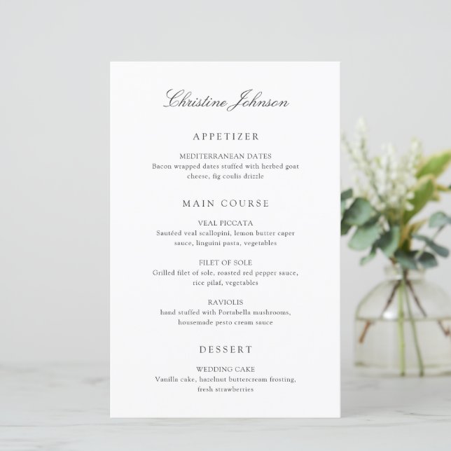 Cardápio de Casamento com Nome do Convidado Preto  (Em pé/Frente)