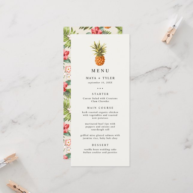 Cardápio de casamento com padrão de abacaxi tropic (Frente/Verso In Situ)