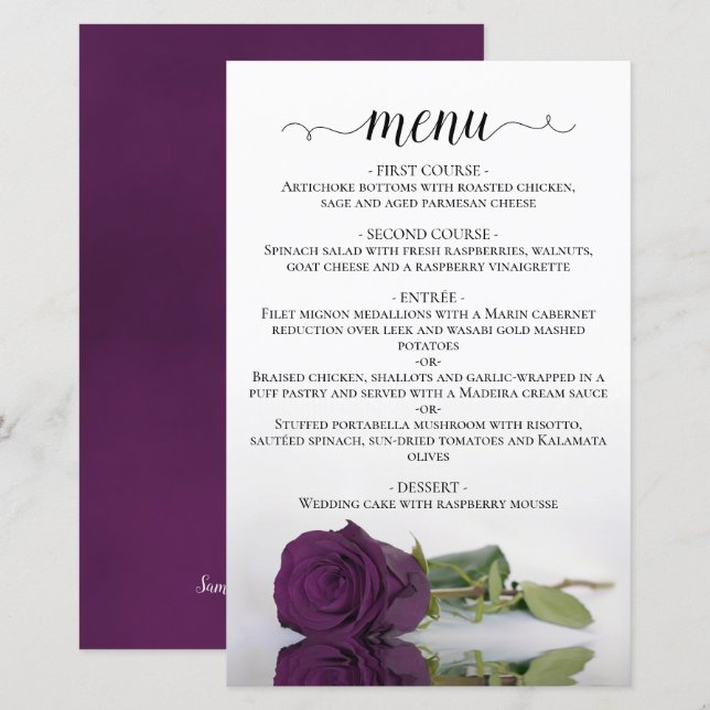 Cardápio de Casamento Elegante Ameixa Roxa Rosa co (Frente/Verso)