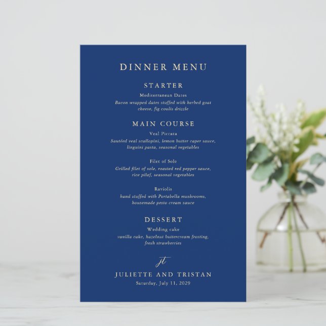 Cardápio de Casamento Elegante Azul-Marinho e Crem (Em pé/Frente)