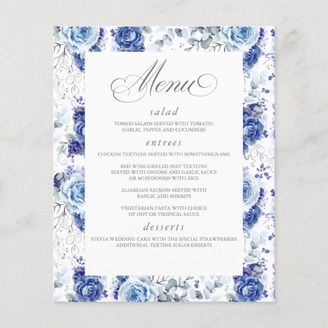 Cardápio de Casamento Elegante Floral Azul Poeiren (Frente)