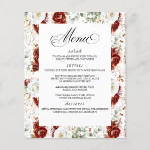 Cardápio de casamento elegante floral vermelho bur