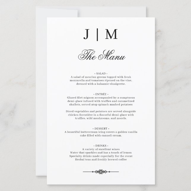 Cardápio de Casamento Elegante Monograma Clássico (Frente)