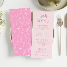 Cardápio de casamento elegante, verde-rosa-pastel