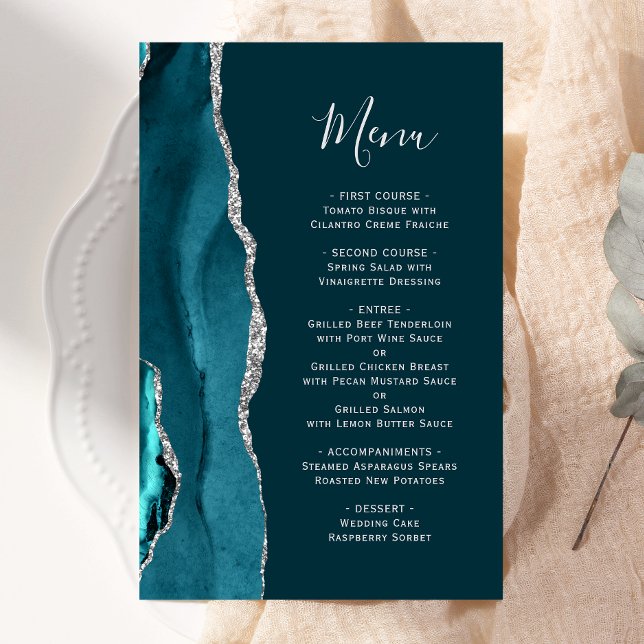 Cardápio de Casamento em Ágata Azul Teal com Prata (Criador carregado)