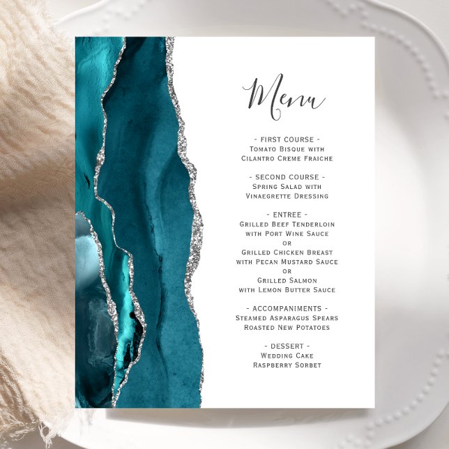 Cardápio de Casamento em Ágata Prateada Teal Econô (Criador carregado)