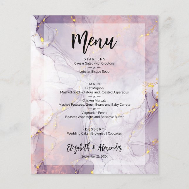 Cardápio de Casamento em Mármore Dourado Lavanda (Frente)
