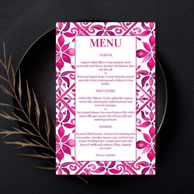Cardápio de casamento espanhol do talavera mexican (Pink Spanish vintage Mexican talavera wedding menu cards colorful tile pattern wedding table decor)