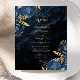 Cardápio de Casamento Floral Azul Marinho Dourado