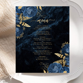 Cardápio de Casamento Floral Azul Marinho Dourado