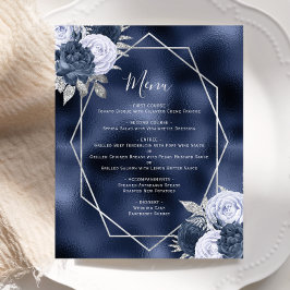 Cardápio de Casamento Floral Azul Poeirento Prata 