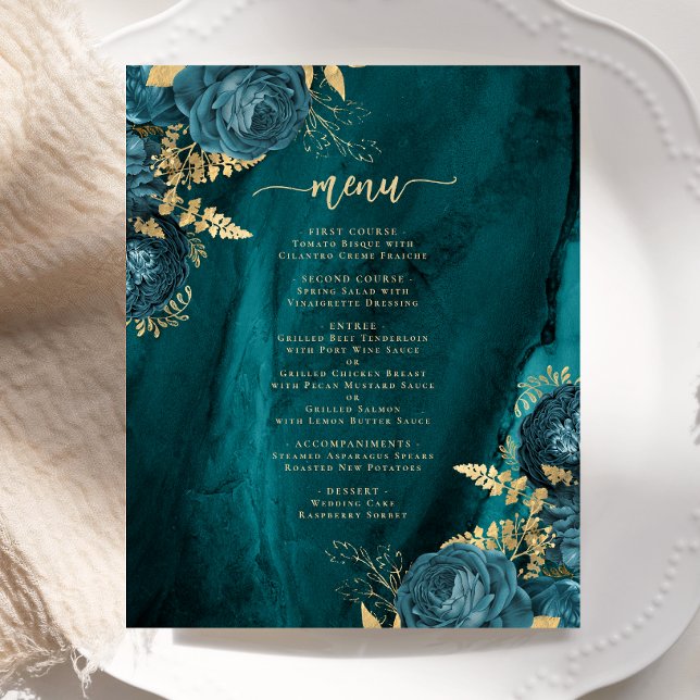 Cardápio de Casamento Floral Azul Teal Dourado Eco (Criador carregado)
