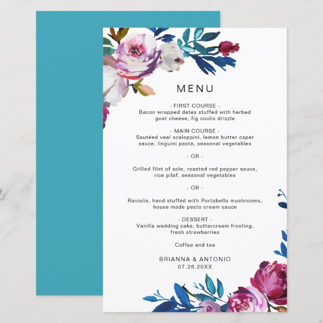 Cardápio de Casamento Floral Rosa Elegante Moderno (Frente/Verso)