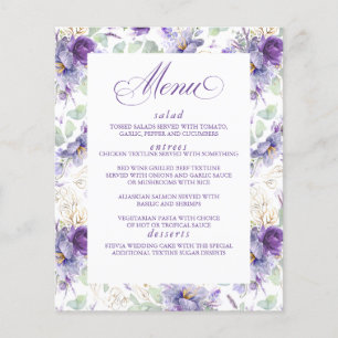 Cardápio de Casamento Floral Roxo e Dourado Botâni